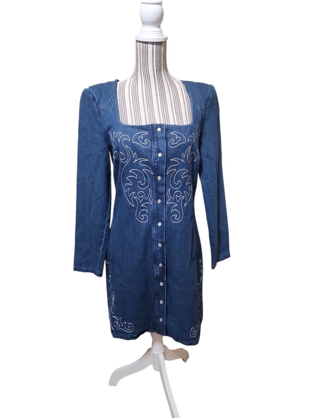 Avec Les Filles Blue Embroidered Denim Button-Front Dress